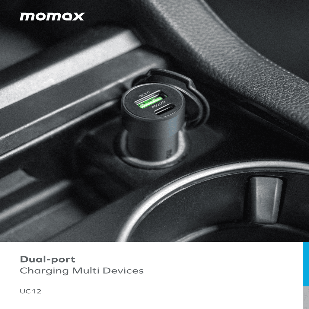 Momax dual-port car charger in a vehicle's cup holder with 'UC12' model information.