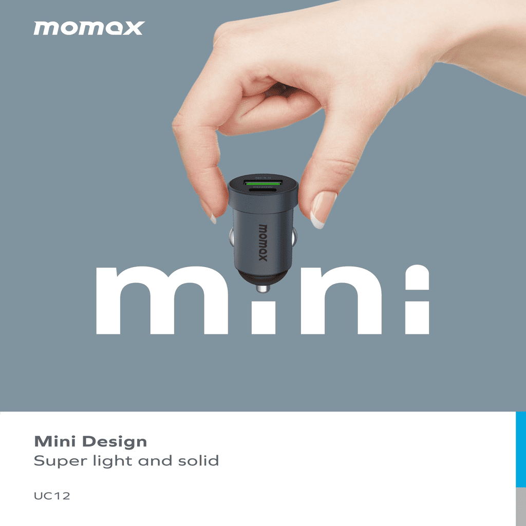 Hand holding a Momax mini car charger with 'mini' text and brand logo on a gray background