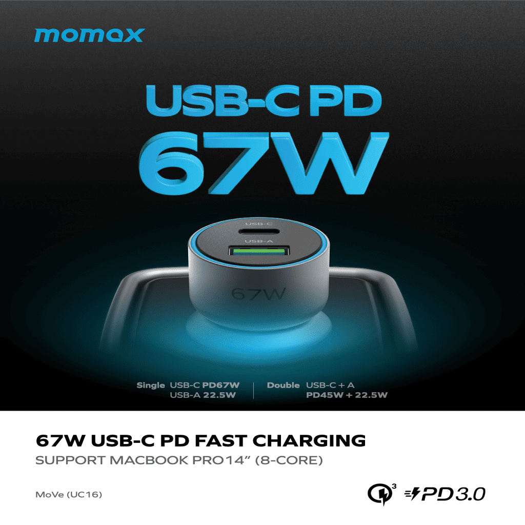 USB-C PD 67W charging device with momox branding on a dark background