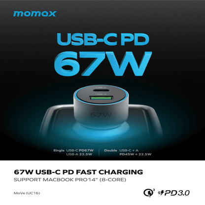 USB-C PD 67W charging device with momox branding on a dark background