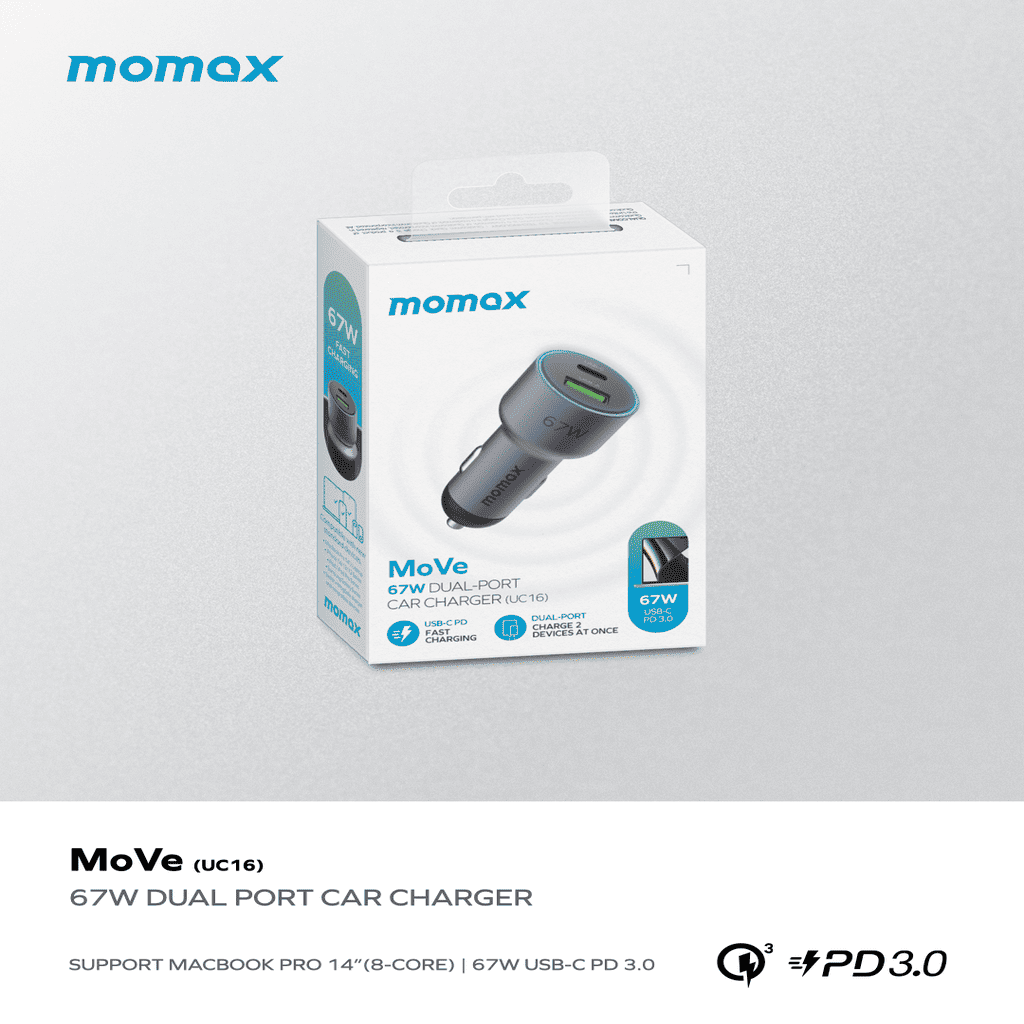 Momax MoVe dual-port car charger packaging on a white background