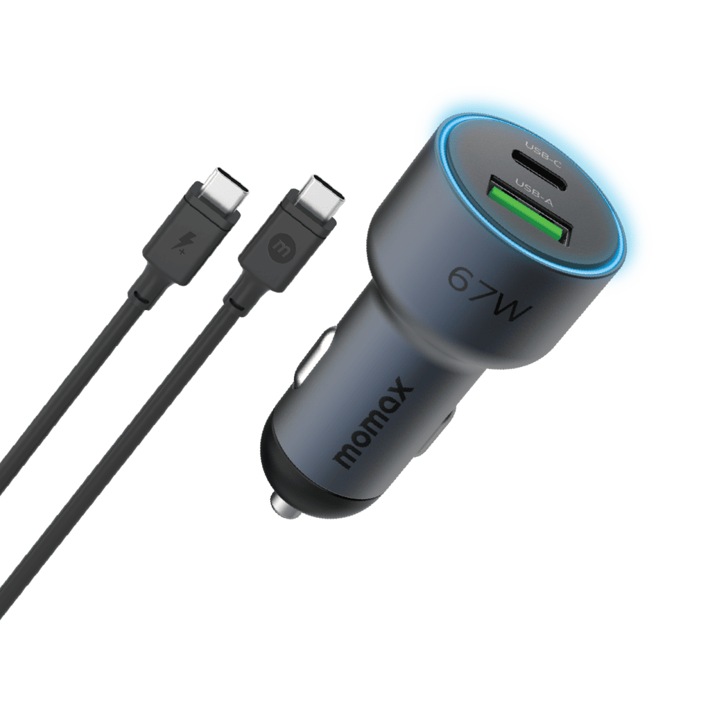 Car charger with USB-C cables on a transparent background