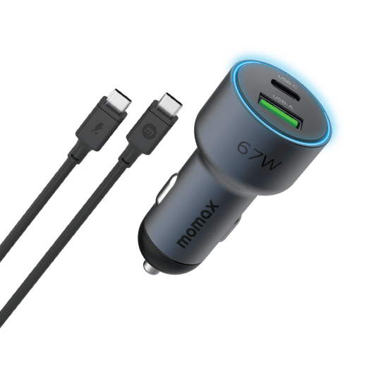 Car charger with USB-C cables on a transparent background
