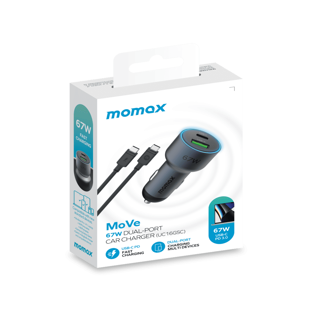 Momox MoVe 67W dual-port car charger packaging on a white background