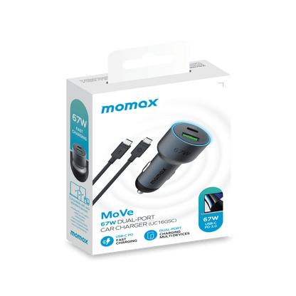 Momox MoVe 67W dual-port car charger packaging on a white background