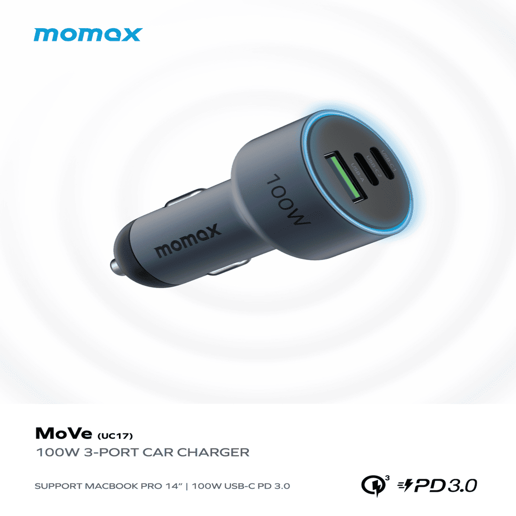 Momax MoVe 3-port car charger on a white background