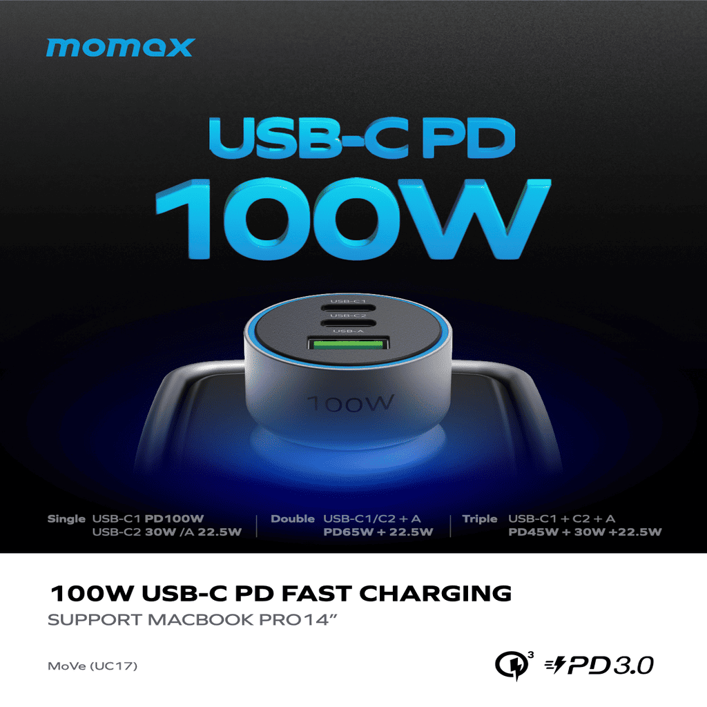 USB-C PD 100W charging adapter with momox branding on a dark background