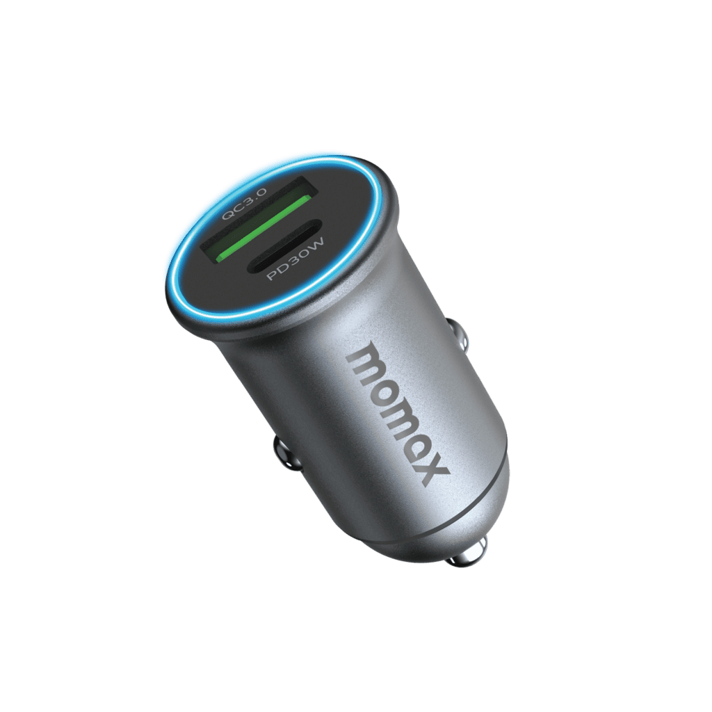 Momax car charger with LED display on a transparent background