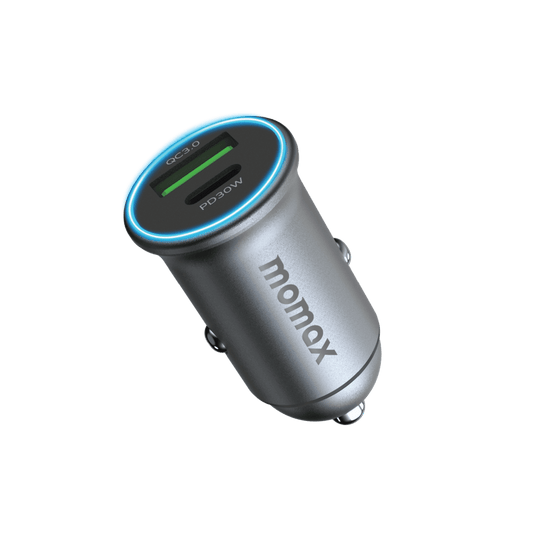 Momax car charger with LED display on a transparent background