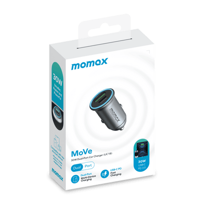 Momax MoVe 30W dual-port car charger packaging on a green background