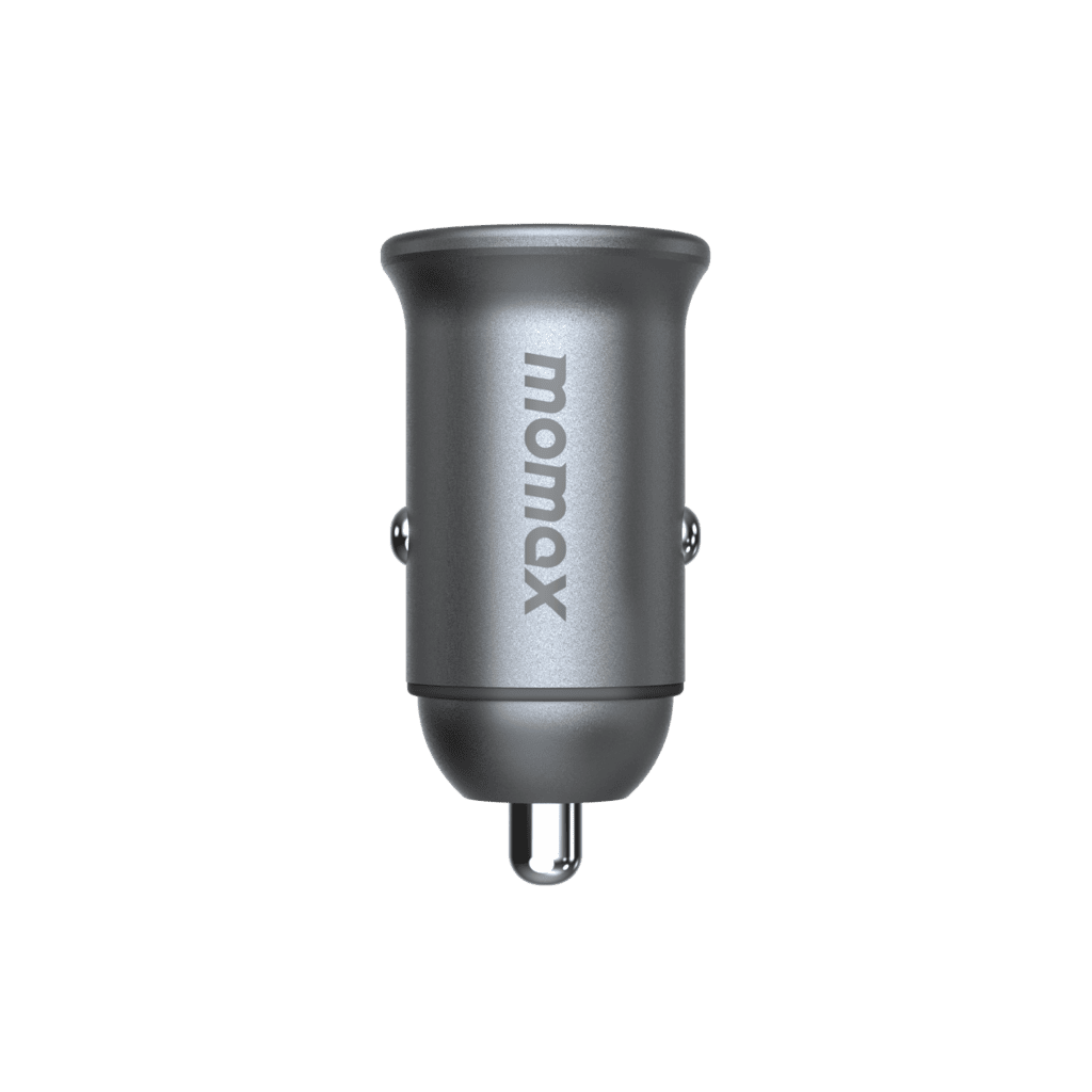 Momax car charger on a green background