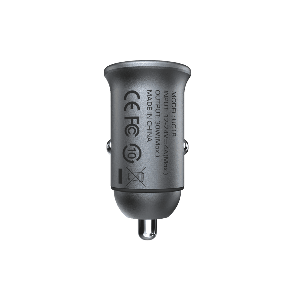 Car charger with CE, FCC, and WEEE symbols on a transparent background