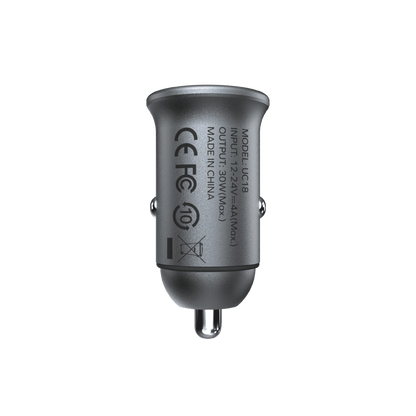 Car charger with CE, FCC, and WEEE symbols on a transparent background