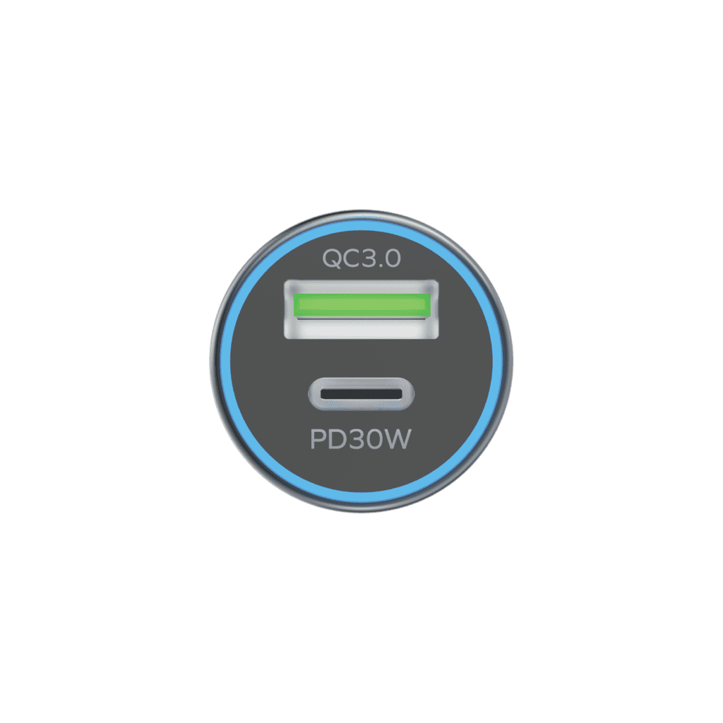 Circular USB car charger with QC3.0 and PD30W indicators on a green background