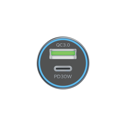 Circular USB car charger with QC3.0 and PD30W indicators on a green background