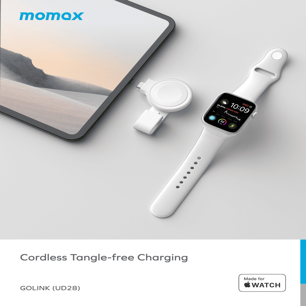 Smartwatch, charging case, and tablet on a light gray surface with momax branding.