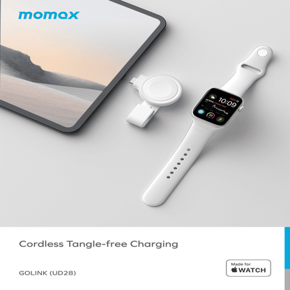 Smartwatch, charging case, and tablet on a light gray surface with momax branding.