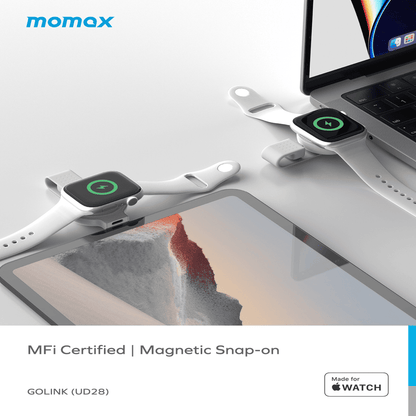 Smartwatch and phone dock with laptop on a white background, featuring Momax branding.