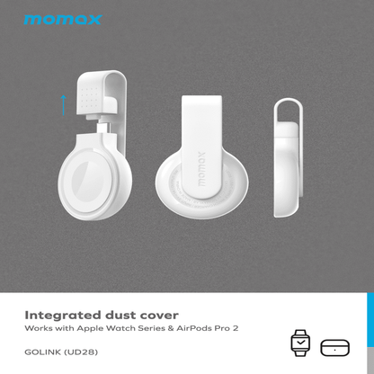 momax integrated dust cover for Apple Watch and AirPods Pro 2 on a gray background
