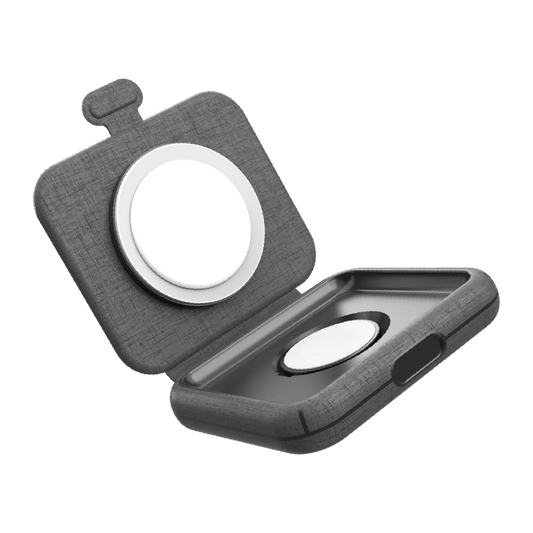 Gray case with a white circular object inside on a transparent background