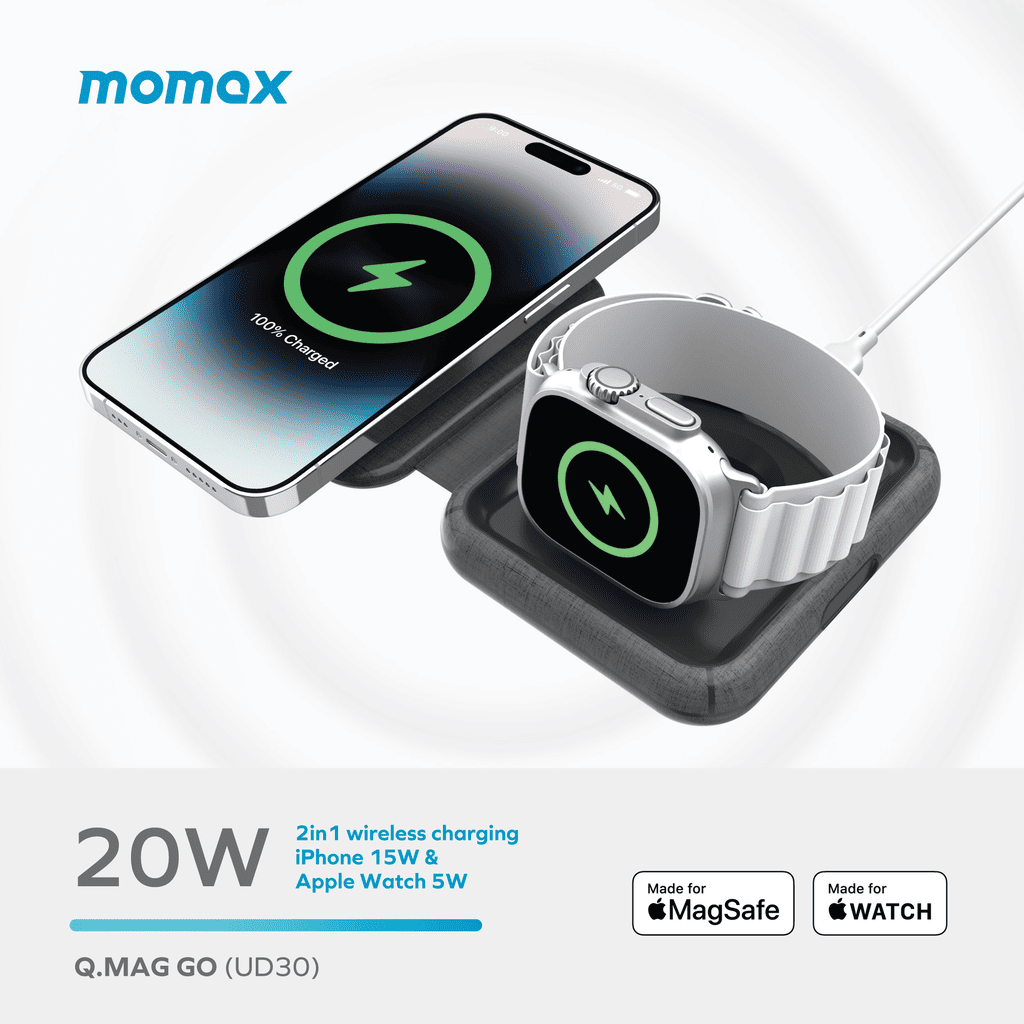 2-in-1 wireless charging pad with smartphone and smartwatch on a white background, featuring momax branding.