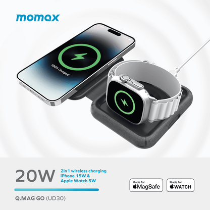 2-in-1 wireless charging pad with smartphone and smartwatch on a white background, featuring momax branding.
