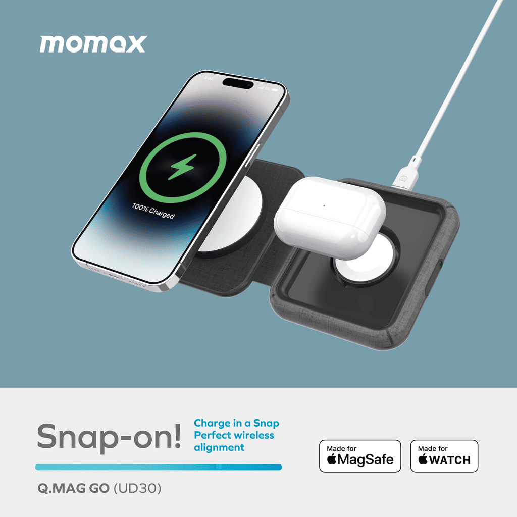 Wireless charging case with phone and airpods on a blue background, featuring momax branding.