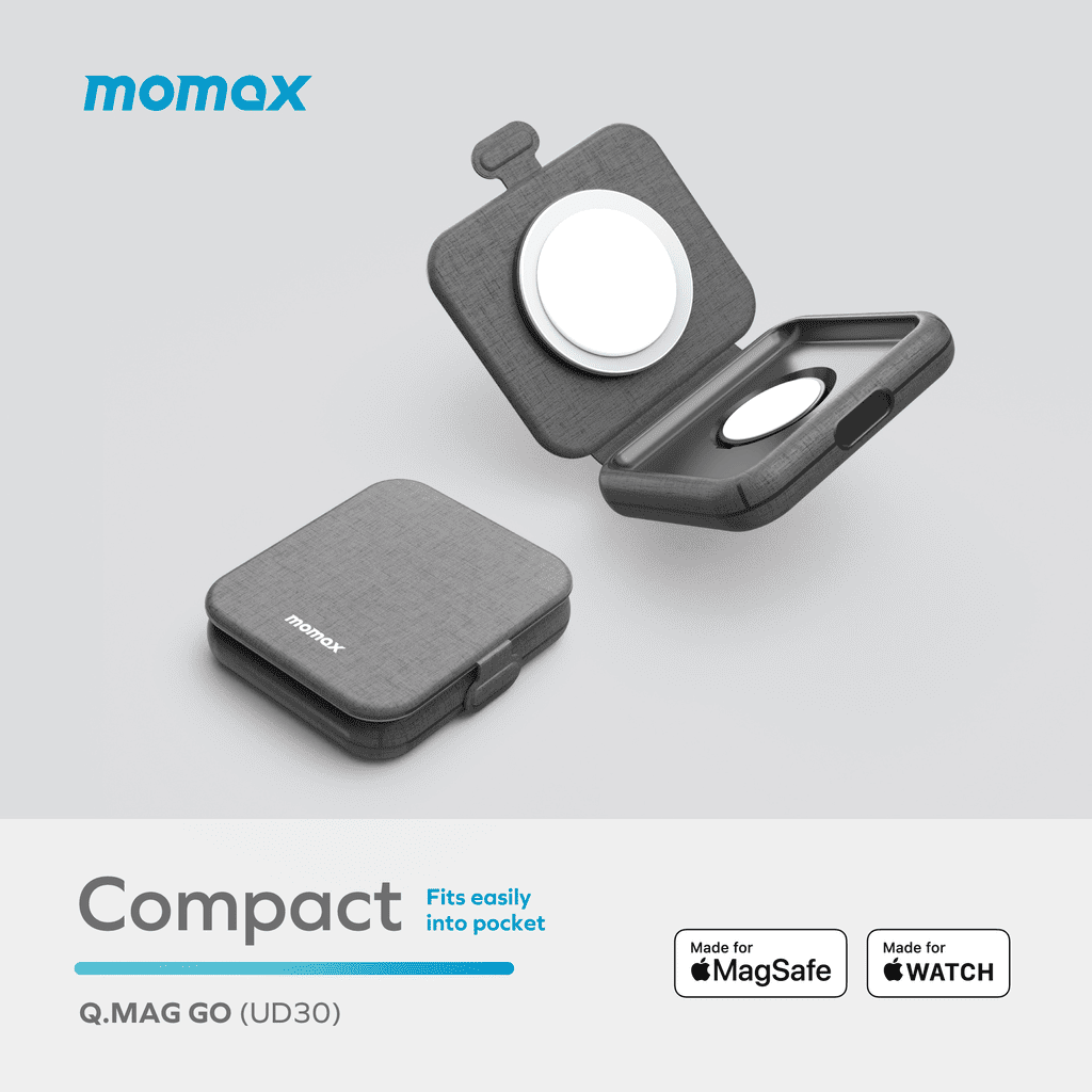 Gray carrying case for electronic devices with 'momax' branding on a light gray background