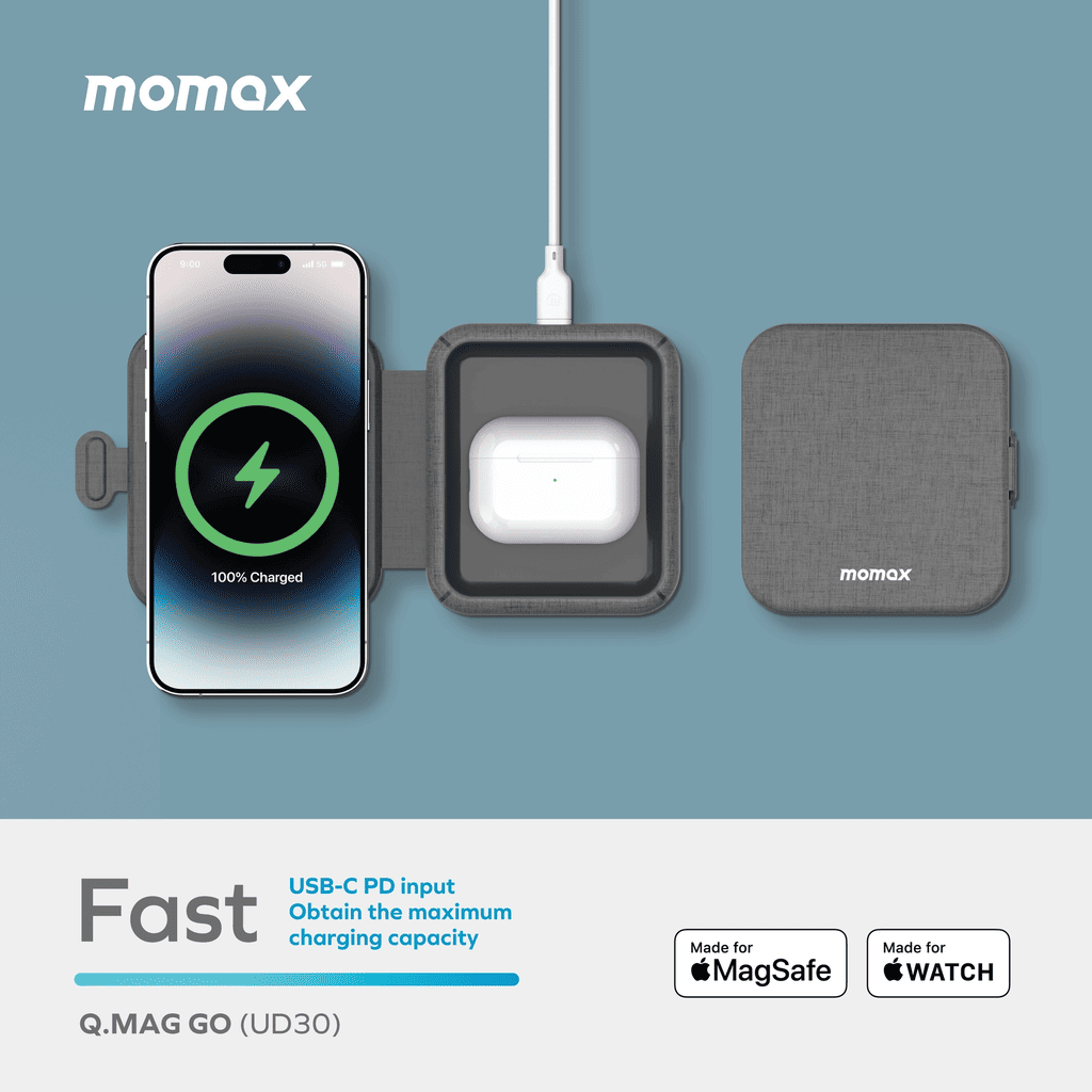 momax Q.MAG GO charging device with phone, watch, and case on a blue background