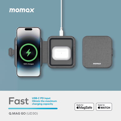 momax Q.MAG GO charging device with phone, watch, and case on a blue background