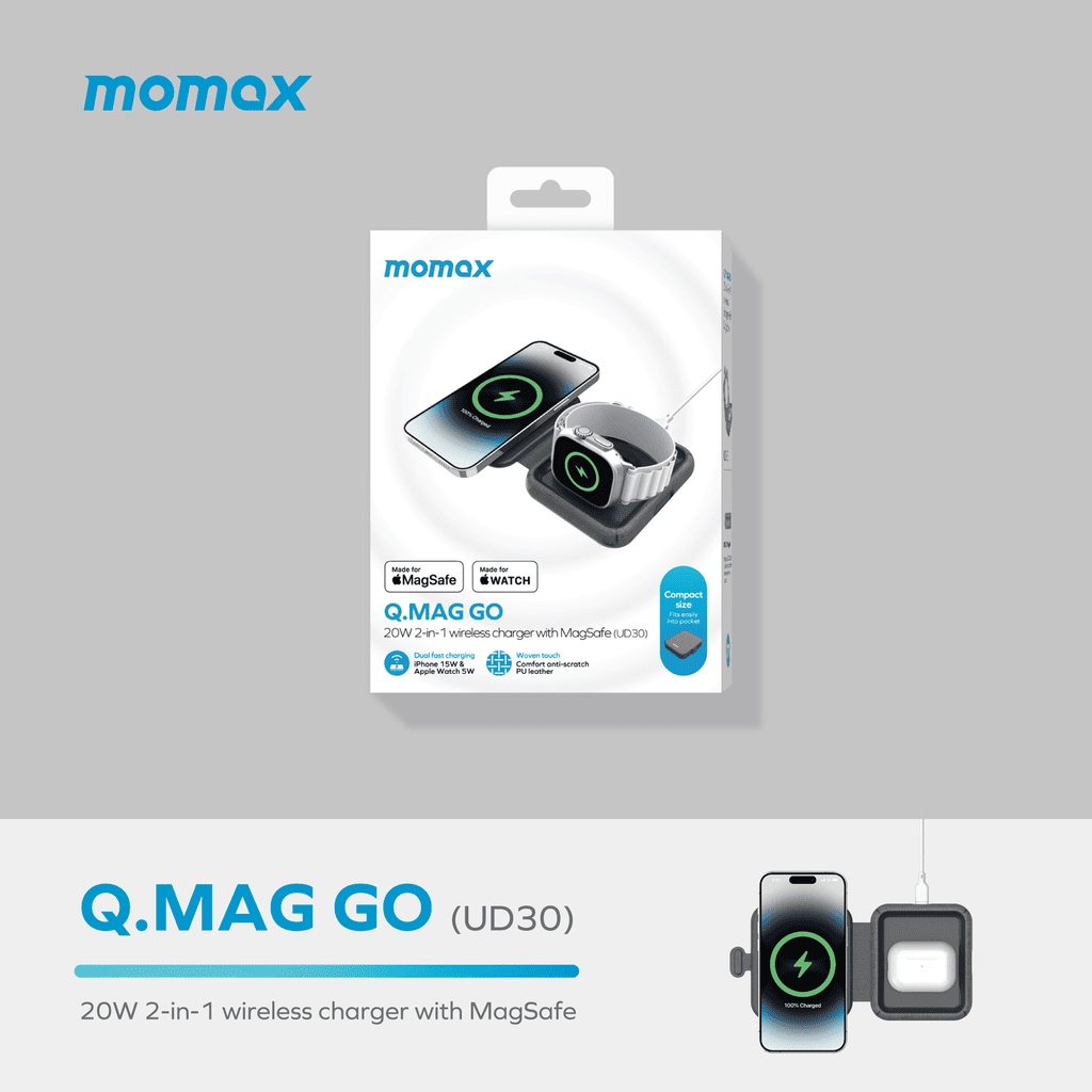 Packaging of momax Q.MAG GO (UD30) wireless charger with smartphone and smartwatch on a gray background