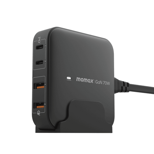 Black power adapter with multiple USB ports and 'momax' branding on a clear background