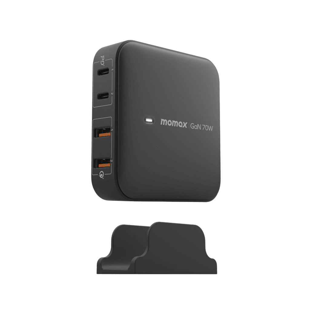 Black power adapter with multiple ports on a transparent background