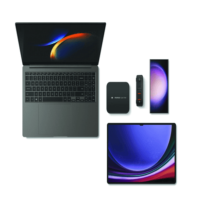 Collection of electronic devices including a laptop, tablet, smartphone, and remote control on a white background.