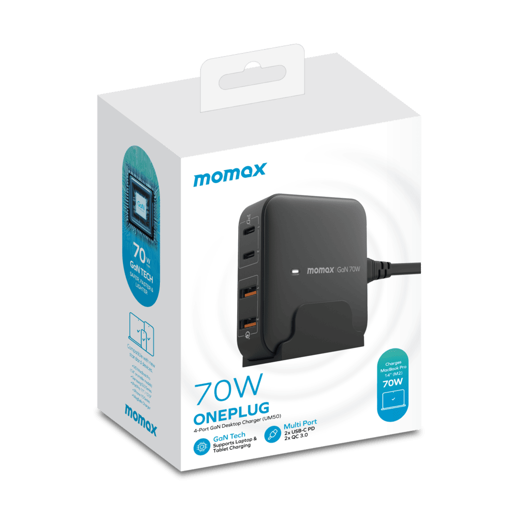 Momax 70W Oneplug charger packaging on a white background