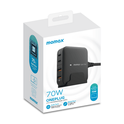 Momax 70W Oneplug charger packaging on a white background