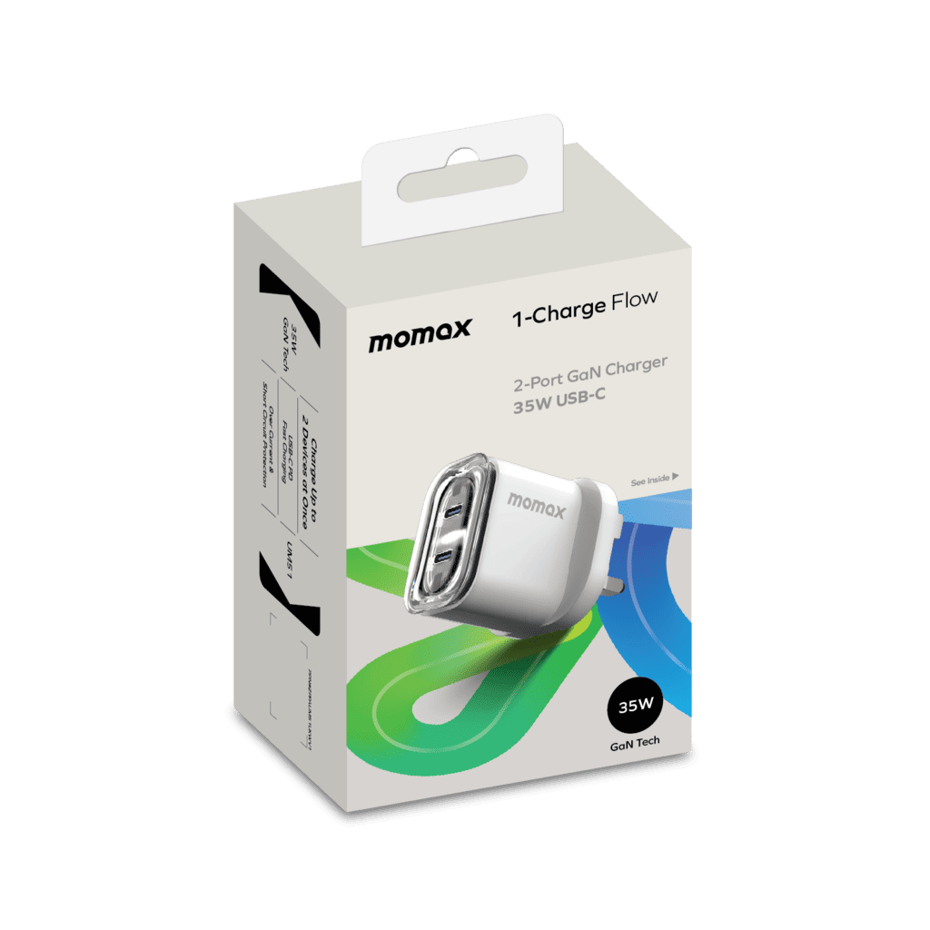Momax 2-port Go+ Charger packaging on a white background