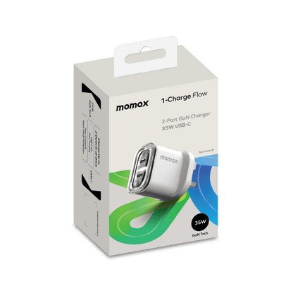 Momax 2-port Go+ Charger packaging on a white background