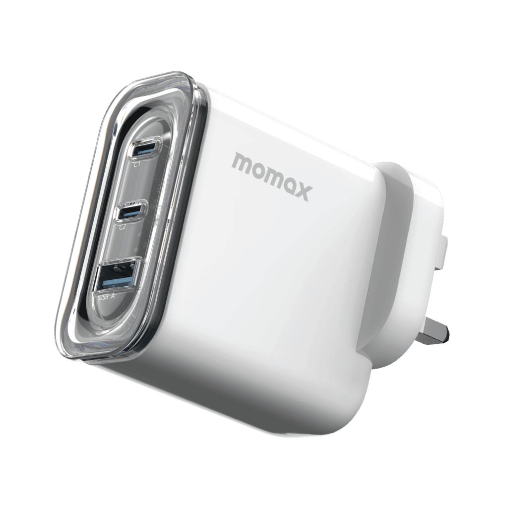 White USB charger with multiple ports on a clear background, featuring the Momax brand.