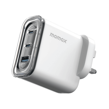 White USB charger with multiple ports on a clear background, featuring the Momax brand.