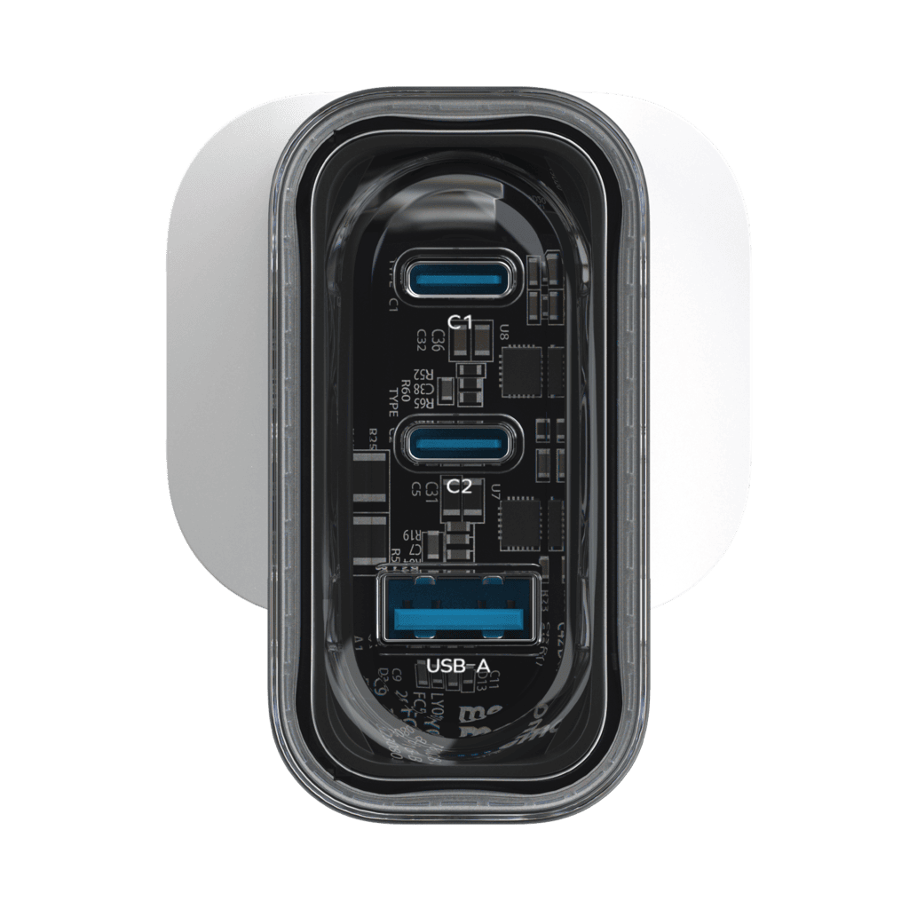 Close-up of a USB-C and USB-A port on a clear background