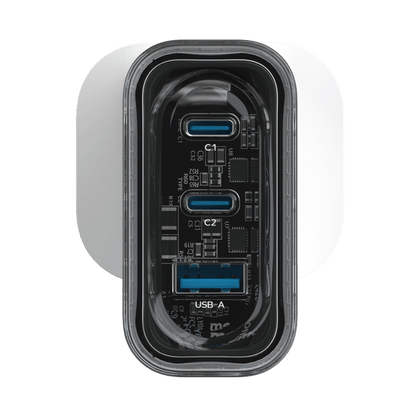 Close-up of a USB-C and USB-A port on a clear background