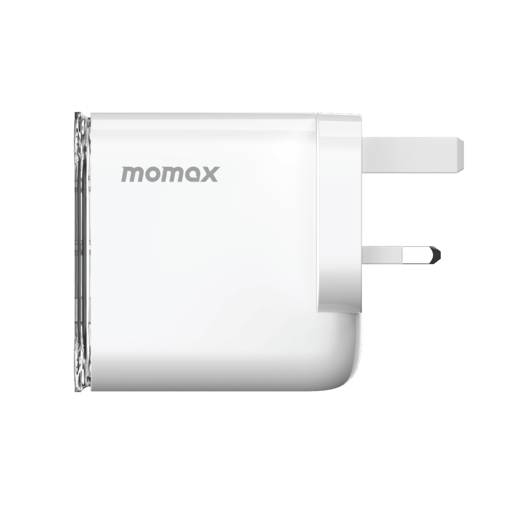 Momax power adapter on a green background