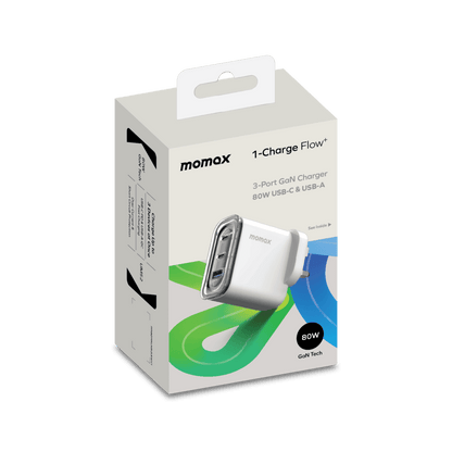 Momax charger packaging with charger illustration on a white background