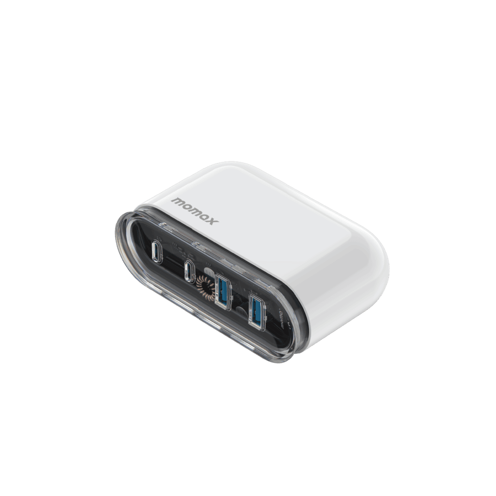 White USB hub with multiple ports on a black background