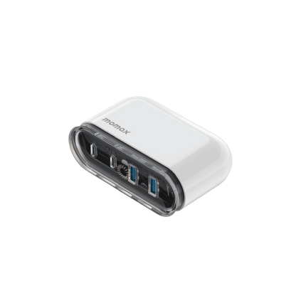 White USB hub with multiple ports on a black background