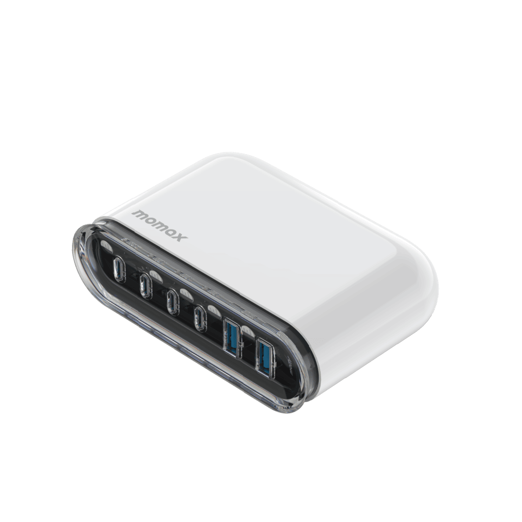 White USB hub with multiple ports on a transparent background