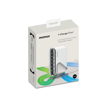 Momax 1-Charge Flow 6-Port GaN Desktop Charger packaging on a white background
