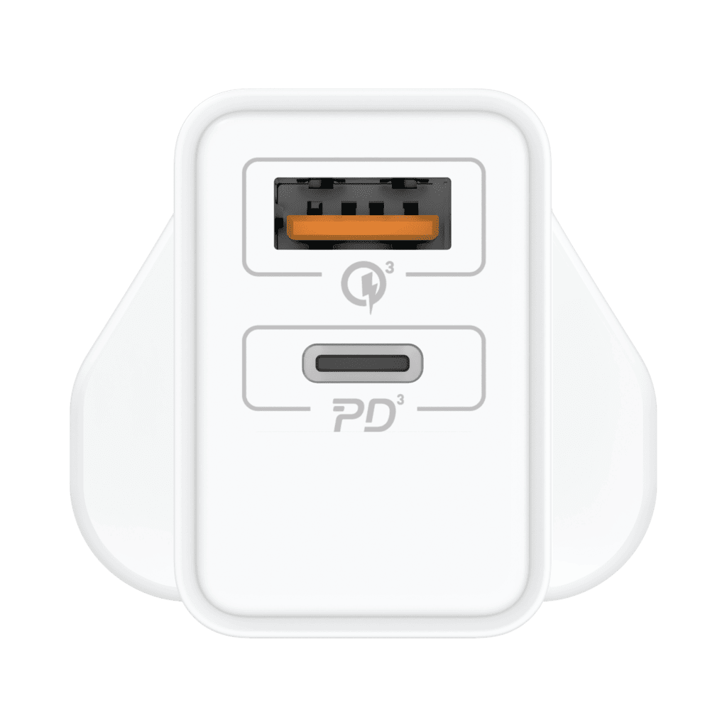 White power adapter with USB-C and USB-A ports on a green background