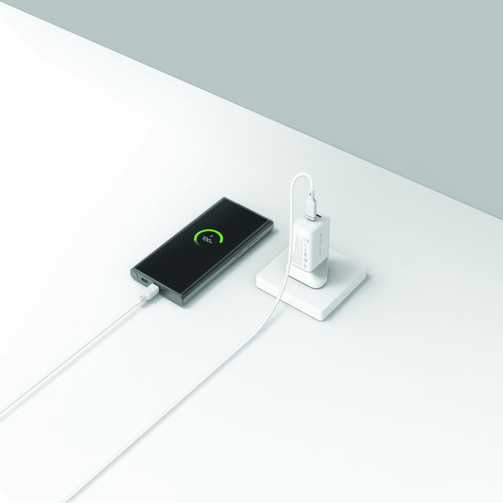 Phone charging via a power bank on a white surface with a gray background